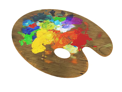 Colorful Wooden Art Palette With Vibrant Paints And Round Hole Design 3d model