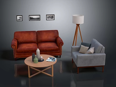 Modern Living Room Interior With Red Leather Sofa Grey Armchair And Round Wooden Coffee Table 3d model