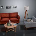 Modern Living Room Interior With Red Leather Sofa Grey Armchair And Round Wooden Coffee Table