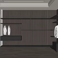 Modern Walk-in Closet Interior With Wooden Wall Open Shelves Hanging Rods Drawer Cabinet And Bench