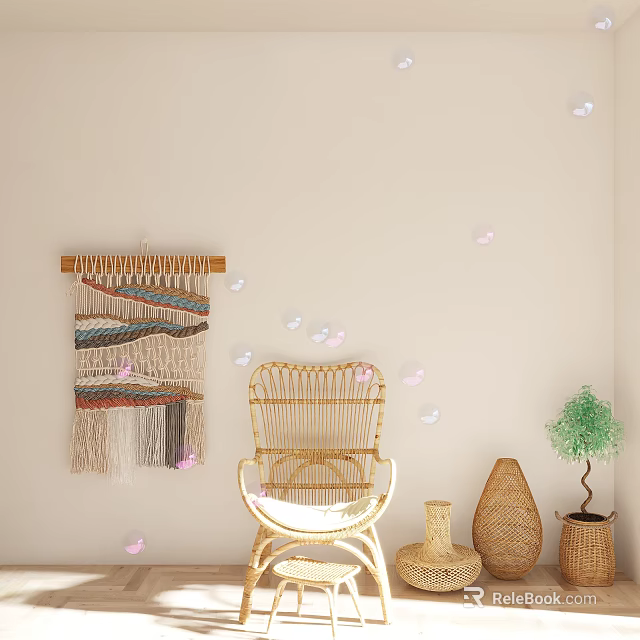 Rattan Leisure Chair In Cozy Corner With Macrame Wall Hanging Butterfly Decorations And Small Plant 3d model 