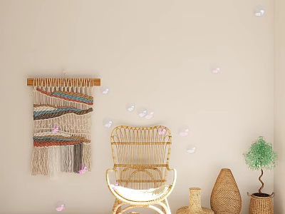 Rattan Leisure Chair In Cozy Corner With Macrame Wall Hanging Butterfly Decorations And Small Plant 3d model