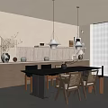 Modern Dining Table Set With Beige Walls Hanging Pendant Lights Chairs And Decorative Vases
