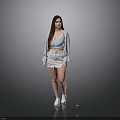 Woman With Long Hair Wearing Light Blue Cropped Top White Distressed Skirt And White Sneakers