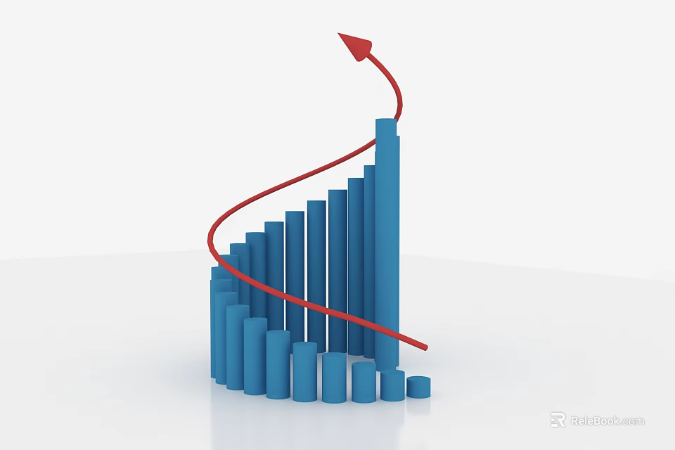 Blue Bar Chart With Red Upward Arrow Showing Rising Growth Trend Data 3d model