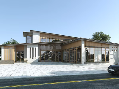 Modern Boutique Guesthouse Architecture With Wooden Facade Glass Windows And Spacious Stone Courtyard 3d model