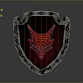 Mythical Shield Weapon Featuring Red Demon Horns Wooden Surface Silver Decorative Edges