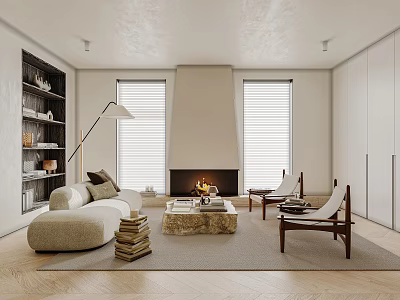 Modern Living Room Interior With Sofa Floor Lamp Built In Shelves Fireplace And Wooden Chairs 3d model