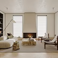 Modern Living Room Interior With Sofa Floor Lamp Built In Shelves Fireplace And Wooden Chairs