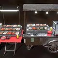 Grilled Skewers At Food Stall With Multiple Trays Red Chairs Black Tables And Condiment Bottles