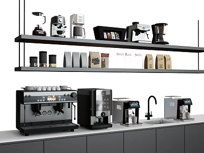 Modern Kitchen With Coffee Machines Appliances And Coffee Bean Bags On Shelves Countertop 3d model