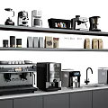 Modern Kitchen With Coffee Machines Appliances And Coffee Bean Bags On Shelves Countertop