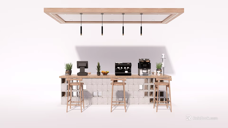 Modern Wooden Bar Counter With Pendant Lights Coffee Machines Plants Fruits And Bar Stools 3d model 