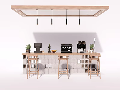 Modern Wooden Bar Counter With Pendant Lights Coffee Machines Plants Fruits And Bar Stools 3d model