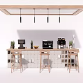 Modern Wooden Bar Counter With Pendant Lights Coffee Machines Plants Fruits And Bar Stools