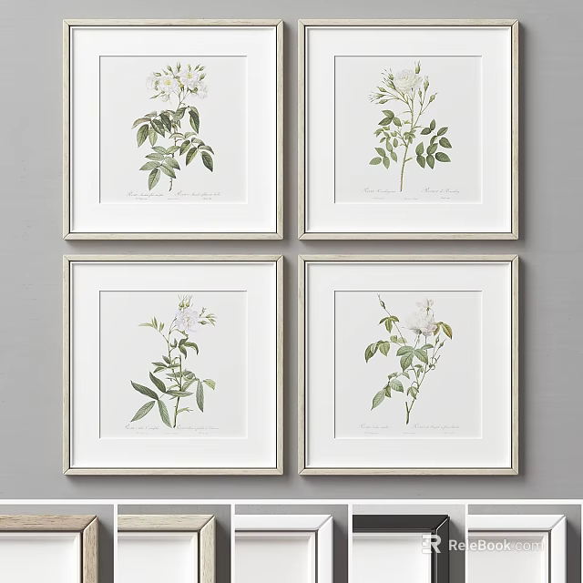 Set of Four Botanical Abstract Paintings with White Frames on Gray Wall Decor 3d model 