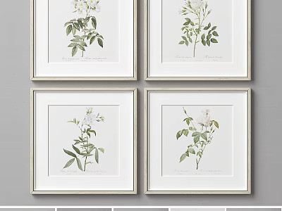 Set of Four Botanical Abstract Paintings with White Frames on Gray Wall Decor 3d model