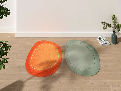 Stylish Oval Shaped Rugs in Orange and Green on Wooden Floor with Plants and Magazines 3d model