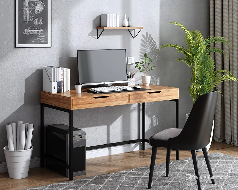 Wooden Computer Desk With Monitor Books Wall Shelf Green Plant And Black Chair 3d model 
