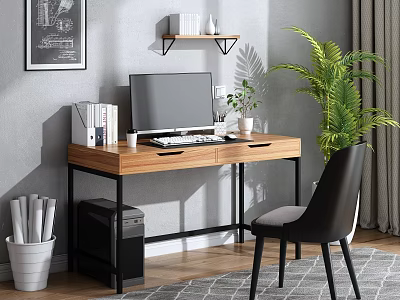 Wooden Computer Desk With Monitor Books Wall Shelf Green Plant And Black Chair 3d model