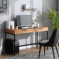 Wooden Computer Desk With Monitor Books Wall Shelf Green Plant And Black Chair