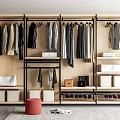Modern Wooden And Metal Wardrobe Interior Design With Hanging Clothes Storage Boxes And Shoes