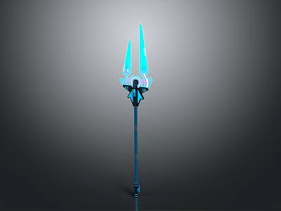 Blue Glowing Trident With Three Prongs Decorative Top And Long Handle 3d model