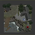 Cartoon Scene Featuring Red White Lighthouse Small House Blue Boat Trees Rocks And Water Area