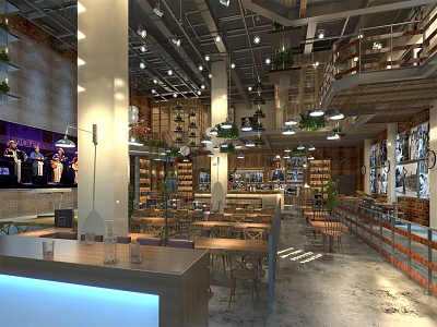 Modern Industrial Bar Interior With Brick Walls Pendant Lights And Seating Area 3d model
