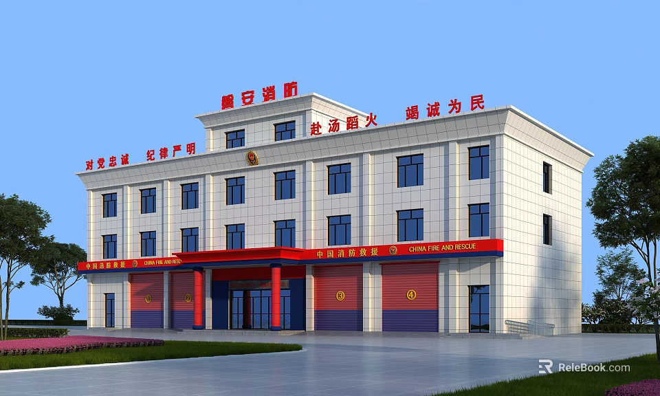 Multi Story Fire Station Building Exterior With White Walls Blue Windows And Red Garage Doors 3d model 