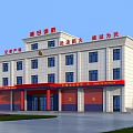 Multi Story Fire Station Building Exterior With White Walls Blue Windows And Red Garage Doors
