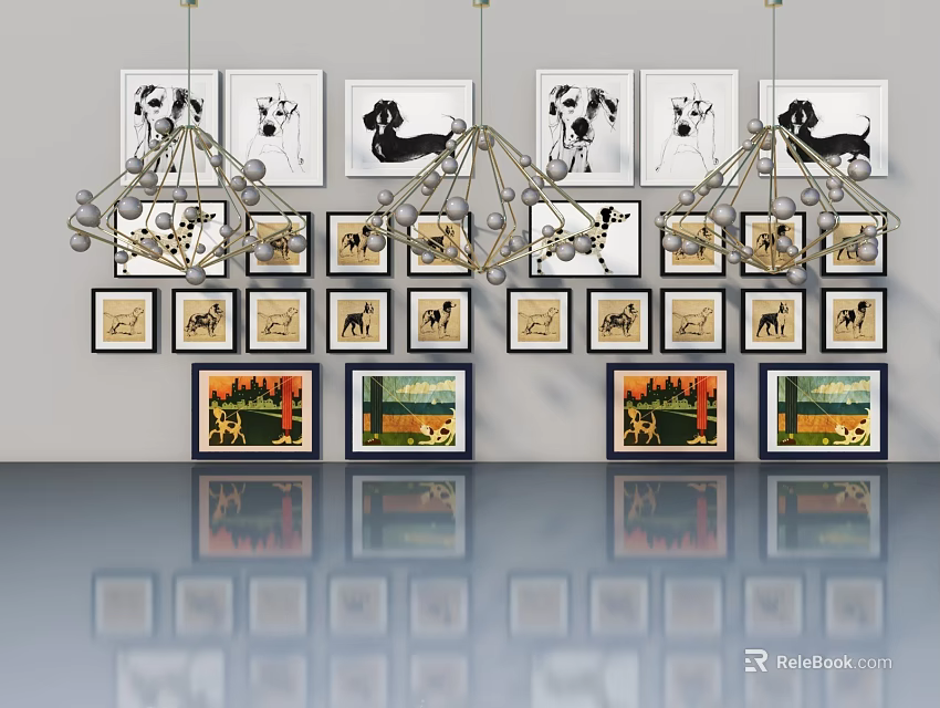 Modern Hinged Swing Door in Interior with Framed Artworks and Pendant Lights 3d model 