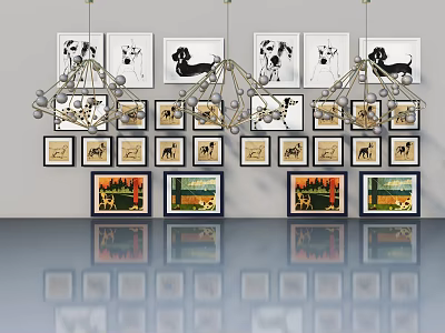 Modern Hinged Swing Door in Interior with Framed Artworks and Pendant Lights 3d model