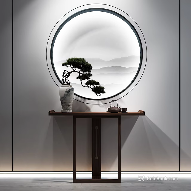 Chinese Style Console Table With Circular Mirror Pine Tree Distant Mountains Vase And Tea Set 3d model