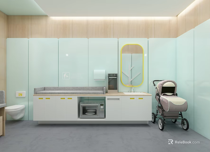Modern Baby Care Room Interior With Cabinets Mirror Stroller 3d model 