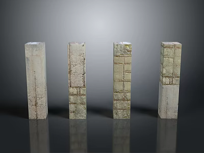 Scenic Landscape Of Four Stone Pillars With Various Textures Gray Background And Reflections 3d model