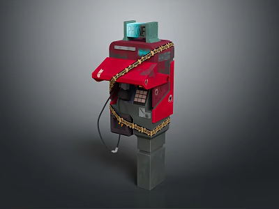 Vintage Public Telephone Booth With Red Awning Green Top And Chained Structure 3d model