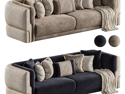 Beige And Navy Blue Two Seater Sofas With Decorative Pillows And Knitted Throw Blankets 3d model