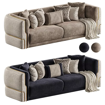 Beige And Navy Blue Two Seater Sofas With Decorative Pillows And Knitted Throw Blankets 3d model