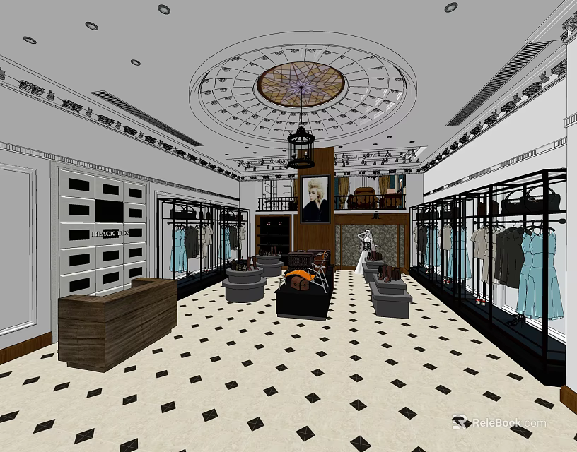 Elegant Clothing Store Interior With Decorative Ceiling Chandelier Clothing Racks And Checkered Floor 3d model 