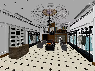 Elegant Clothing Store Interior With Decorative Ceiling Chandelier Clothing Racks And Checkered Floor 3d model