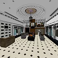 Elegant Clothing Store Interior With Decorative Ceiling Chandelier Clothing Racks And Checkered Floor