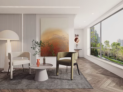 Modern Living Room With Casual Sofa Set Rug Floor Lamp Artwork And Large Window 3d model