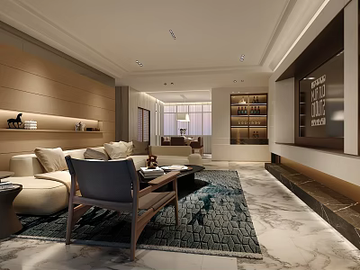 Modern Open Plan Living And Dining Room With Cozy Furniture And Elegant Marble Flooring 3d model
