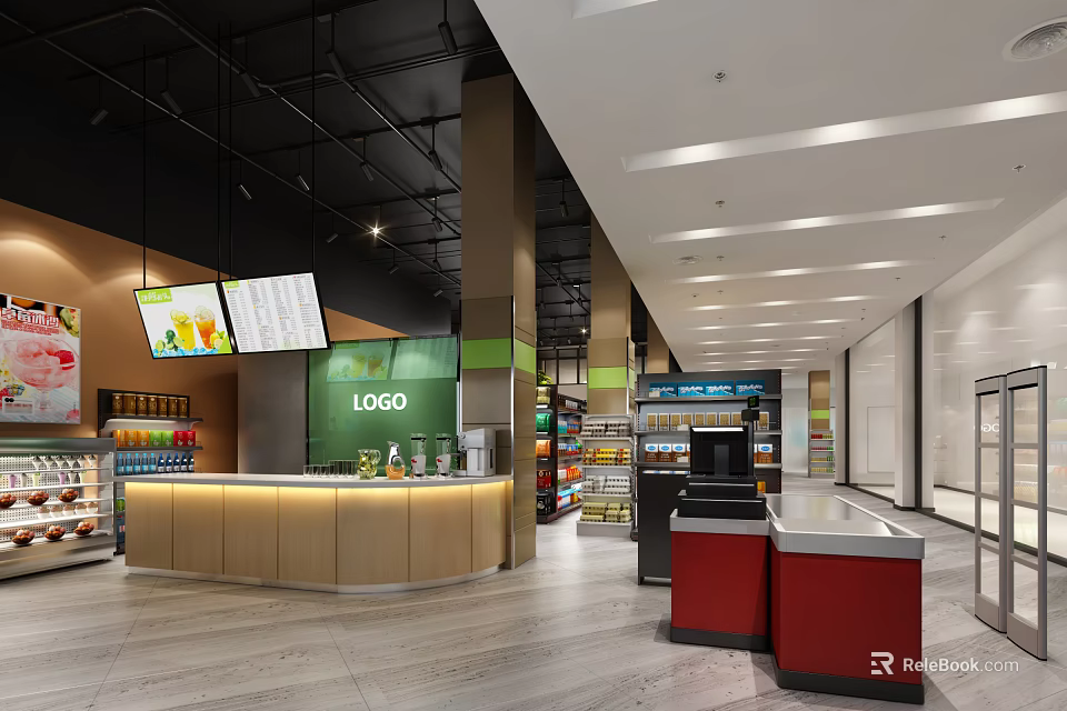 Supermarket Interior With Checkout Counter Shelves Stocked With Products Bright Lighting Modern Design Logo Signage 3d model 