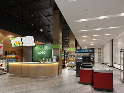 Supermarket Interior With Checkout Counter Shelves Stocked With Products Bright Lighting Modern Design Logo Signage 3d model
