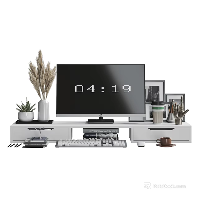 Computer Monitor Setup With Keyboard Mouse On Modern TV Stand And Decorative Plants 3d model 