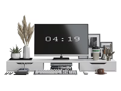 Computer Monitor Setup With Keyboard Mouse On Modern TV Stand And Decorative Plants 3d model