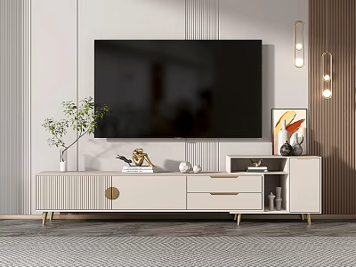 Modern White TV Stand With Decorative Items Potted Plant Flat Screen TV And Wall Art 3d model