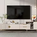 Modern White TV Stand With Decorative Items Potted Plant Flat Screen TV And Wall Art